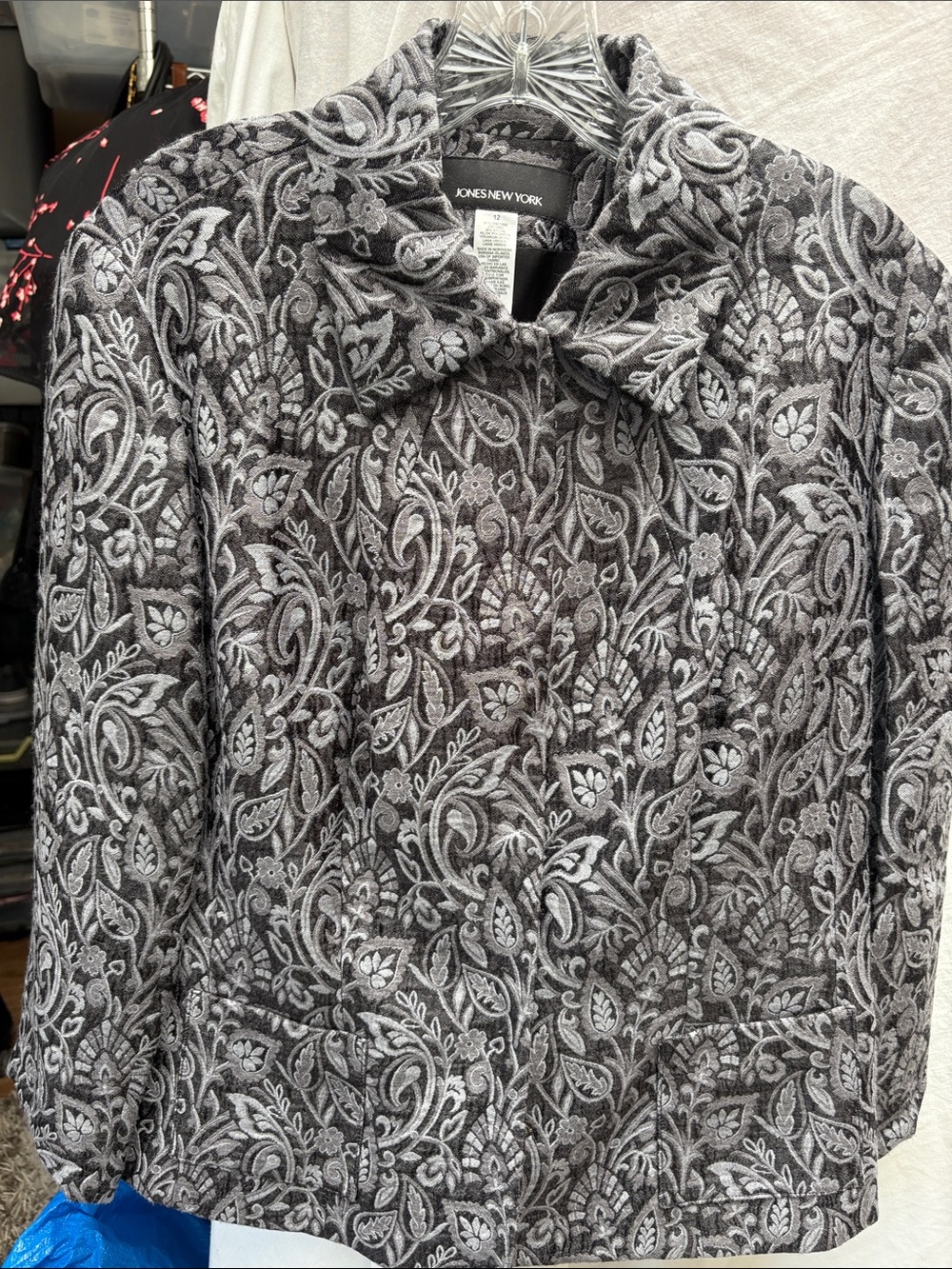 Jones New York Gray Floral Jacquard Pea Coat